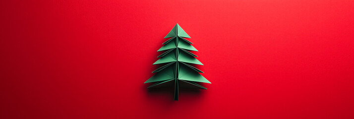 Green origami Christmas tree with precise folds on a bold red backdrop.