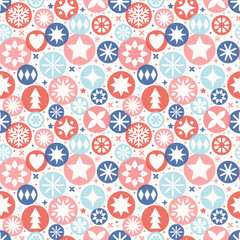 Christmas background in modern style. Colourful decorations with balls, stars and snowflakes. Seamless pattern. Vector illustration