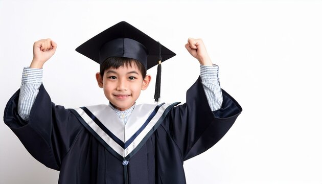 Proud Graduate: A jubilant young boy celebrates his graduation, wearing a graduation cap and gown, his fists raised in triumph.  A portrait of achievement and hope. 