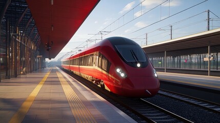 Fototapeta premium modern red color bullet train railway station scenic journey countryside beautiful platform
