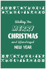 Christmas poster with ornaments. Greeting card decorated with Santa Claus, tree, reindeer, present and snowflake icons. Vector illustration