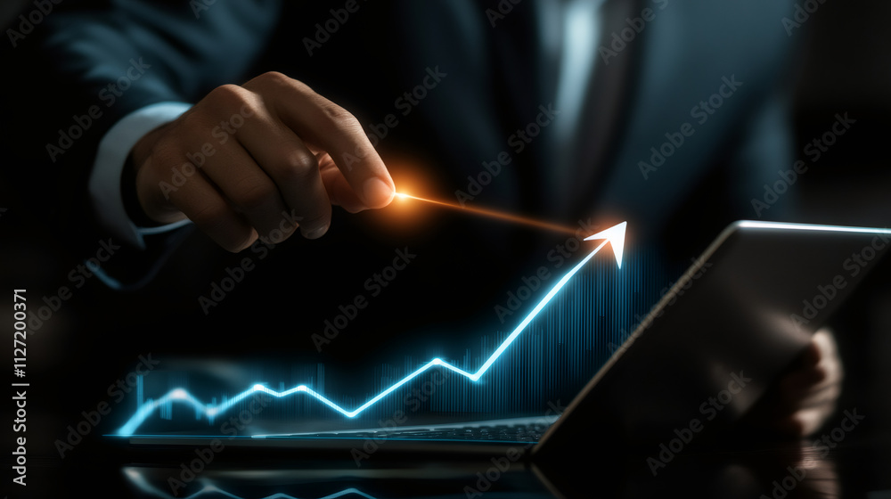 Aufkleber businessman using digital technology projection on a tablet is raising a business graph with his fin