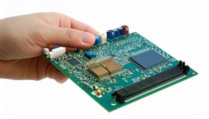 Hand Holding Circuit Board: A close-up view of a hand holding a green circuit board, showcasing the intricate details of the electronics industry.