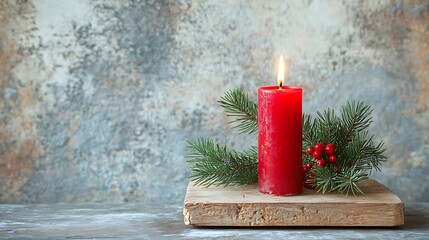 Red candle with evergreen branches and berries on rustic wood.