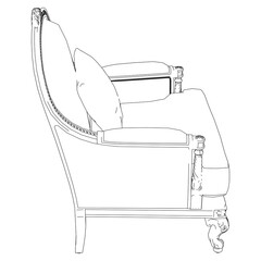 Elegant antique armchair furniture and home interior decorations in trendy vintage retro style. Modern hand drawn black sketch vector illustrations isolated on white background