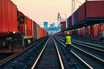 Industrial Freight Yard at Dusk with Worker in Safety Vest and Cargo Containers