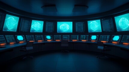A high-tech control room featuring multiple screens displaying digital data in a futuristic blue-lit environment.