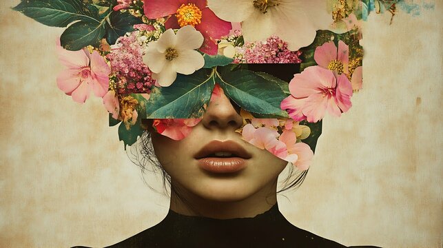 Abstract contemporary art collage portrait of young woman with flowers on her face hides her eyes