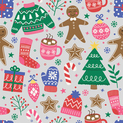 Colourful Christmas seamless texture. Cute hand drawn decorations. Vector illustration