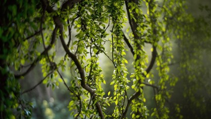 Fototapeta premium A background of dense green foliage on intertwined branches with a blurred background behind. Green leaves create a lush cover, a feeling of calm and detachment from the outside world.