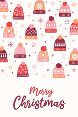 Christmas poster with decorations in cartoon style. Greeting card with hand drawn winter hats. Vector illustration