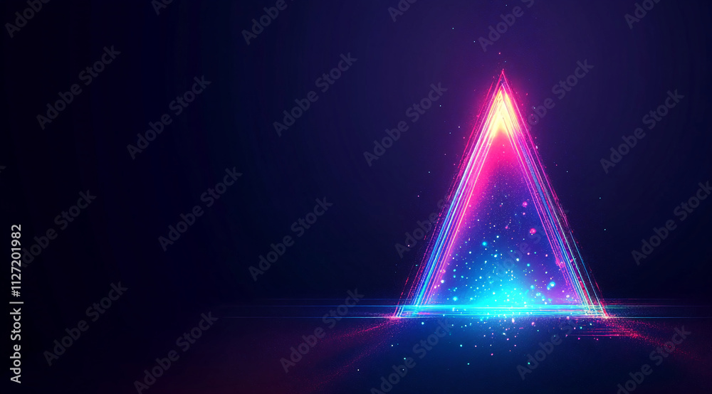 Poster colorful geometric triangle illuminated with vibrant neon lights in a dark background setting