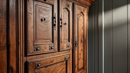 Fototapeta premium Warm and inviting close-up photo of a traditional gray and wood kitchen.
