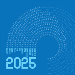 Calendrier 2025 en Français, Design Créatif, Forme vague, Modifiable couleur bleu