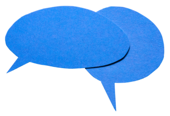 Two blue blank cut out cardboard paper speech bubbles with rough edges and copy space for text on transparent png background design element