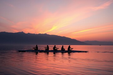 Silhouetted Rowers on Serene Lake at Sunset