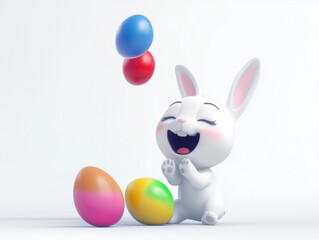 Fototapeta premium A very happy Easter bunny dancing around with colorful Easter eggs.
