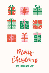 Christmas poster in cartoon style. Greeting card decorated with gift boxes. Vector illustration