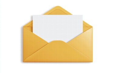 Illustration of an open yellow envelope with blank white paper isolated on white background