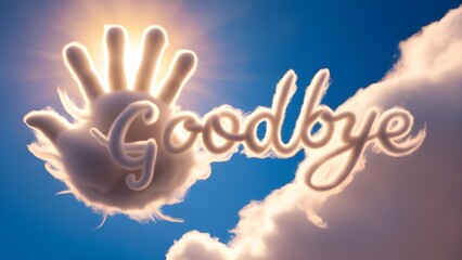 /imagine: A playful, animated cloud in the shape of a waving hand, with sunlight streaming through and "Goodbye" written in the clouds --ar 3:2 --v 4