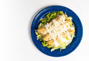 Tacos dorados en plato de tipico mexicano