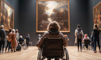 A person in a wheelchair confidently navigating a museum,. observes art in a gallery and stopping to admire a painting,.surrounded by other visitors admiring the paintings.