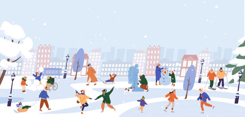 Happy people spend time outdoor at winter. Winter outdoor activities. Cartoon flat vector isolated on urban background. Characters skating, skiing, sledding, playing snowballs, build snowman together.