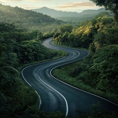 Road in the middle of the forest , road curve construction up to mountain, Rainforest ecosystem and healthy environment concept