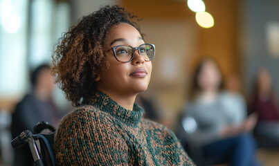 A black woman thoughtful young woman with curly hair and glasses listens attentively in a modern classroom setting.