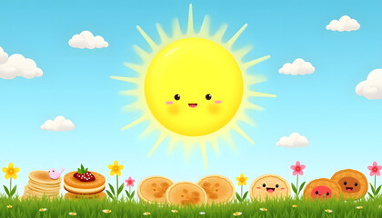 Naklejka premium Shrovetide Sun: A bright sun in a blue sky surrounded by symbols of spring flowers, birds and clouds