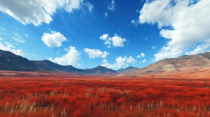 Scenic view of red hills under blue bright sky. Vibrant colors create stunning visual contrast, an invitation to hike and explore new, remote places