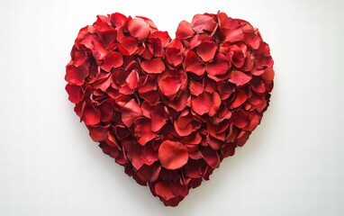 Heart-shaped arrangement made entirely of vibrant red rose petals, neatly layered and symmetrically aligned, creating a romantic and elegant composition on white background