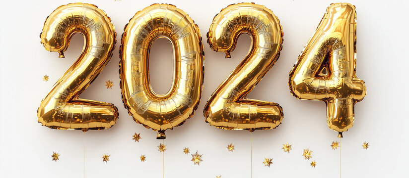 Elegant 3D golden balloons spelling 2024 on a white background. - Powered by Adobe
