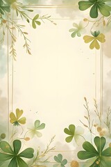 Delicate green shamrock on a pastel background, painted with watercolours. St.Patrick's Day with Lucky Irish three-leaved shamrocks, a holiday symbol in the warm spring. Card template. Copy space. Pos