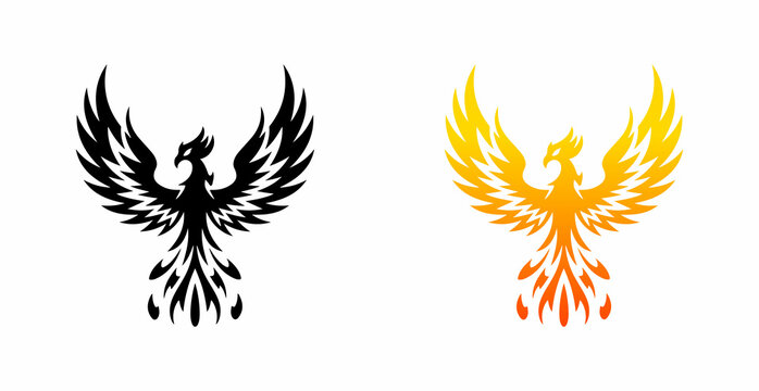 A silhouette of a Phoenix with wings spread On white background. A black & fire color phoenix logo-shape.