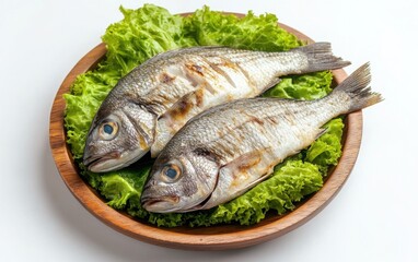A top view of two grilled fish on a wooden plate with lettuce, isolated against a white background, high-quality food photography with sharp details