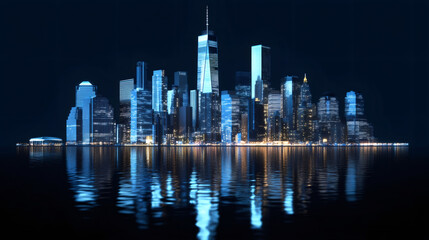 Lower manhattan skyline reflecting in the water at night with illuminated skyscrapers including one world trade center