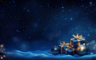 Fototapeta premium Christmas banner with gifts, baubles, snow on the dark blue background with space for texts