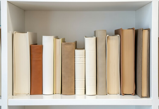 A row of books of varying colors and sizes neatly arranged on a white shelf. - Powered by Adobe
