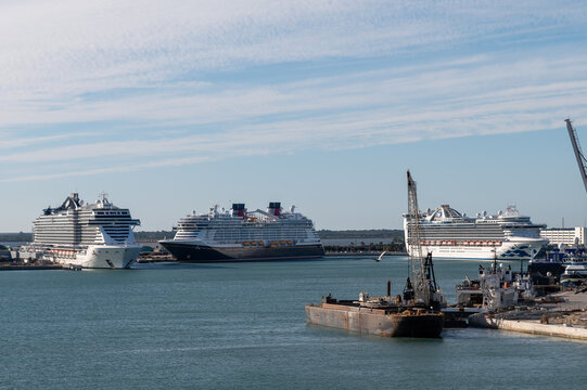 Three Cruise Ships from MSC, Disney and Princess, docked at Port Canaveral.