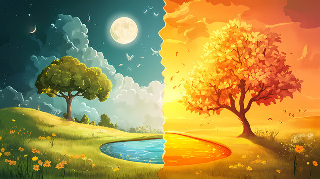Concept of spring equinox. day and night, sun and moon meeting together on the split landscape. Equinox. Illustration