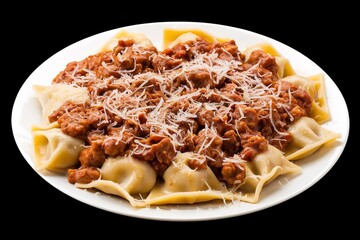 a plate of cappelletti pasta, generously topped with a meat sauce and sprinkled with grated cheese