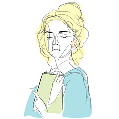 Elegant Line Art of a Girl Reading a Book with Soft Pastel Colors