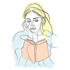 Minimalist Pastel Illustration of a Girl Immersed in a Book Line Art Design