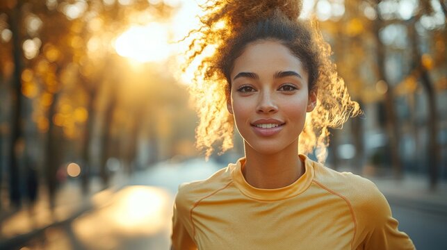 A woman with curly hair runs along a pathway surrounded by autumn foliage. The sunlight casts a warm glow, highlighting her joyful expression and active lifestyle in the evening.