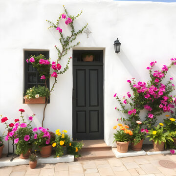 Una linda fachada, simple y rodeada de coloridas flores