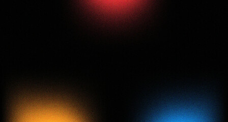 Grainy gradient background with blue yellow red abstract glowing color flow wave on a dark black noise texture banner design,copy space