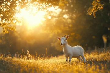 Obraz premium A young goat stands in a sunlit field during golden hour.