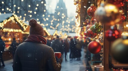 Fototapeta premium Magical Christmas Market with Lights and Snow: A Cozy Winter Scene