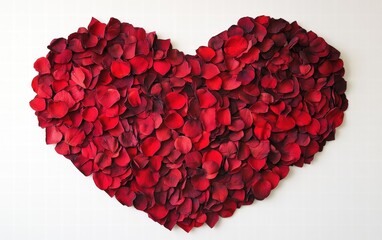 Heart-shaped arrangement made entirely of vibrant red rose petals, neatly layered and symmetrically aligned, creating a romantic and elegant composition on white background